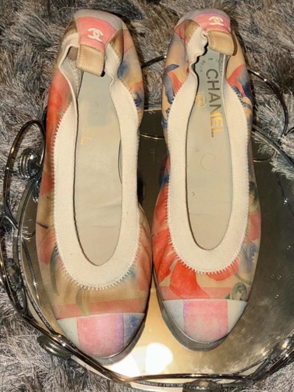 SOLD!!!! Authentic CHANEL Floral Canvas Ballet Flats in Pink, Coral & Blue